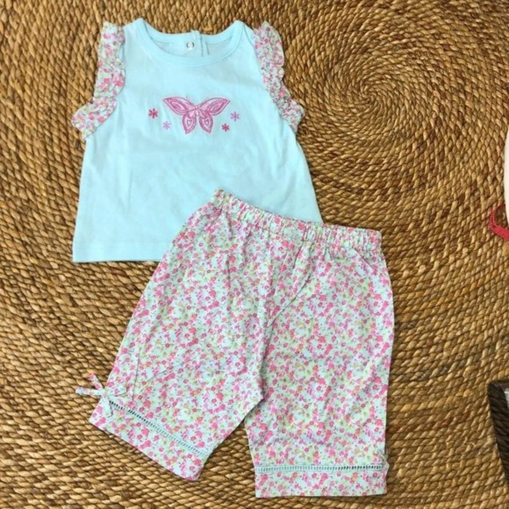 New 12‎ Mo Butterfly Ruffle Tee Embroidery Floral Bottoms Infant Girls 2 Piece